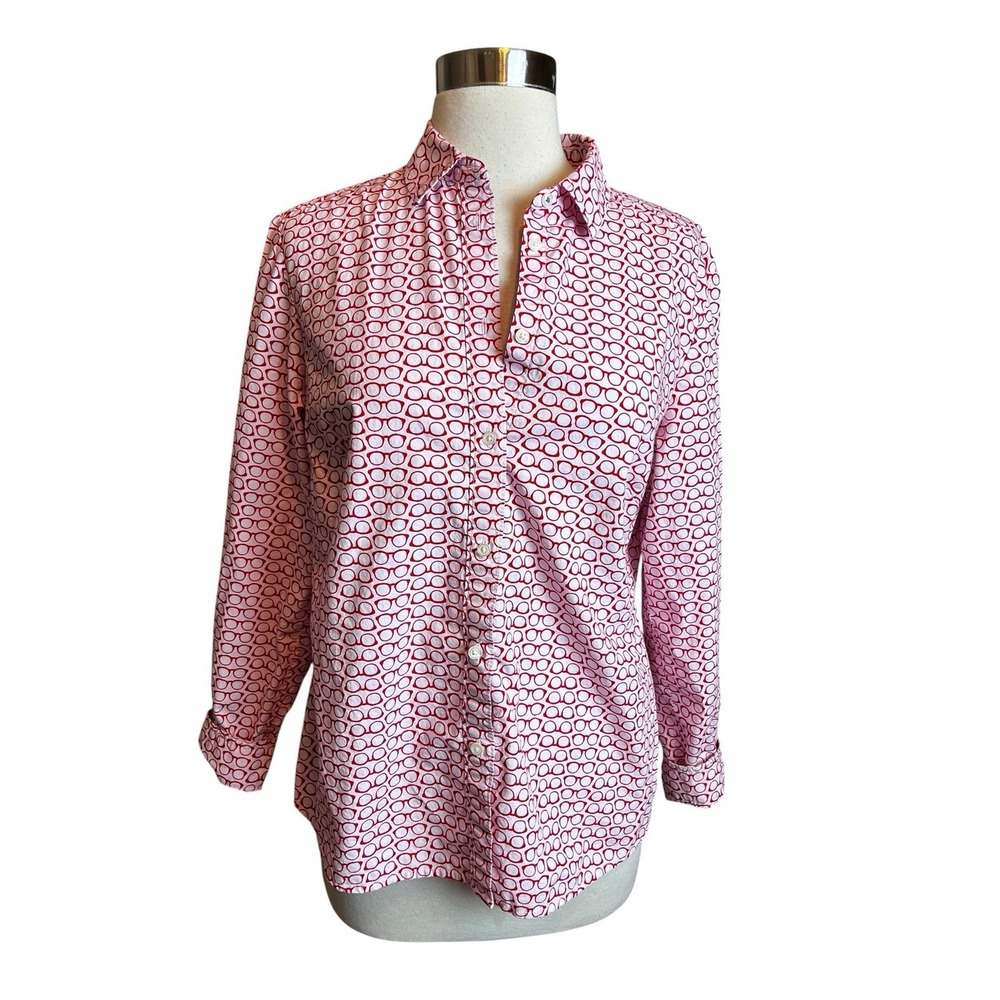 BODEN The Classic Shirt Top Size 8 R Pink Red Glasses Print Long Sleeve